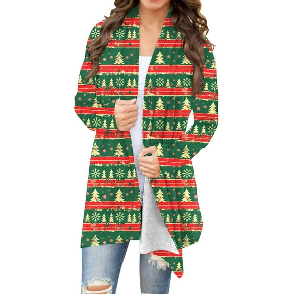 Fmbrln Christmas Cardigan Sweaters for Women Fashion Christmas Print Long Sleeve Open Front Cardigan Comfy Soft Fleece Lined Cardigan Coat