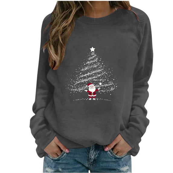 Fmbrln Christmas Sweatshirt for Women Cute Christmas Tree Print Long Sleeve Crew Neck Pullover Tops