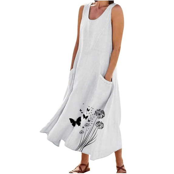 Fmbrln Dresses for Women Plus Size Summer Sleeveless Crew Neck Hem Floral Print Long Tank Dress with Pockets Casual Loose Vacation Beach Sundress