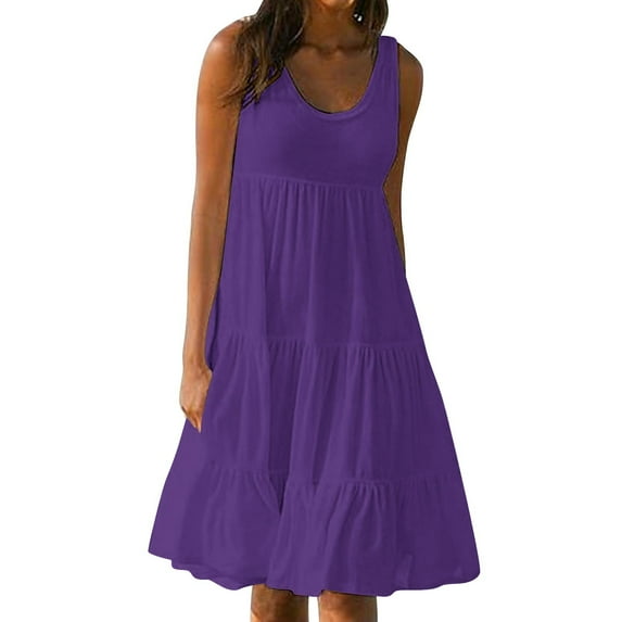 Fmbrln Dresses for Women Sleeveless Crew Neck Tiered Mini Dress Summer Casual Loose Fit Vacation Beach Sundress
