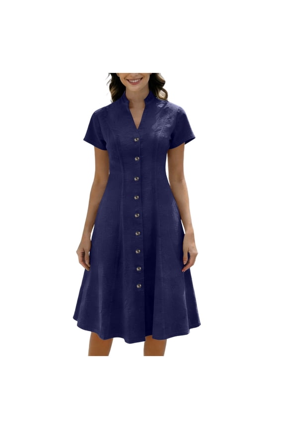 Dresses for Women Summer Short Sleeve Button V Neck Midi Dress Casual Loose Denim A-Line Sun Dress