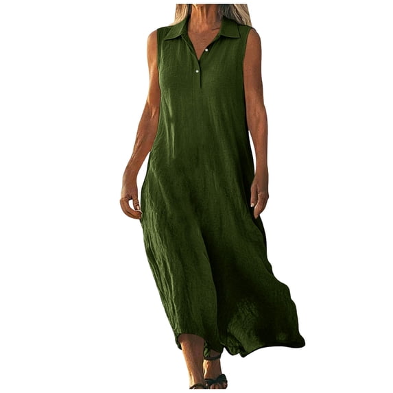Fmbrln Dresses for Women Summer Sleeveless Button Turndown Collar Flowy Long Dresses Casual Loose Fit Solid Vacation Beach Sundress