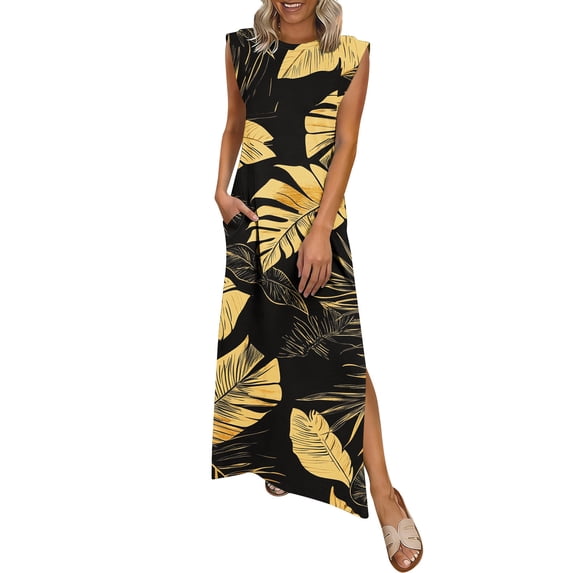 Fmbrln Dresses for Women Summer Sleeveless Crew Neck Side Slit Long Maxi Dress Casual Loose Hawaiian Print Vacation Sundress