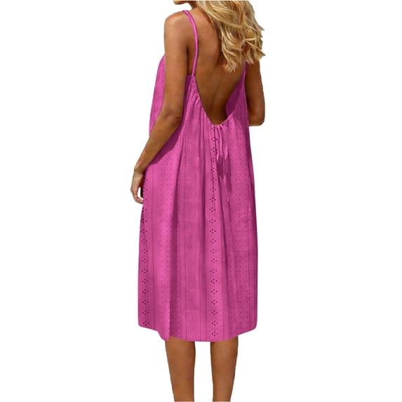 Fmbrln Dresses for Women Summer Sleeveless Crew Neck Spaghetti Strap Camisole Midi Dress Casual Loose Fit Hollow Out Backless Solid Sundress