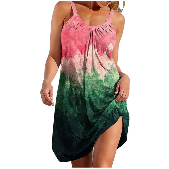 Fmbrln Dresses for Women Summer Sleeveless Crew Neck Trendy Print Camisole Mini Dress Casual Loose Vacation Beach Sundress