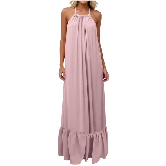 Fmbrln Dresses for Women Summer Sleeveless Halter Back Tie Long Dress Loose Home Maxi Nightgown Casual Ruffle Hem Beach Vacation Sundress