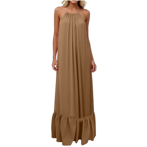 Fmbrln Dresses for Women Summer Sleeveless Halter Back Tie Long Dress Loose Home Maxi Nightgown Casual Ruffle Hem Beach Vacation Sundress