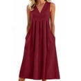 thumbnail image 1 of Fmbrln Dresses for Women Summer Sleeveless V Neck Pleated Midi Dress with Pockets Casual Loose Fit Solid Beach Vacation Sundress, 1 of 5