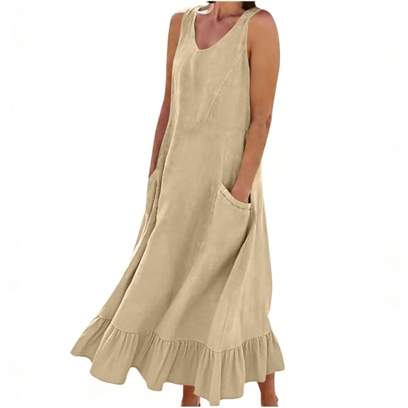 Fmbrln Dresses for Women Summer Sleeveless V Neck Tank Long Dress with Pockets Fashion Ruffle Hem Casual Loose Fit Solid Beach Vacation Sundress