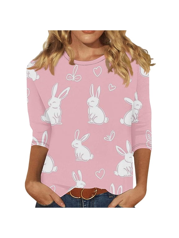 Easter Shirts for Women Plus Size 3/4 Sleeve Crew Neck T-shirts Casual Loose Fit Easter Cute Bunny Funny Egg Print Blouses Tops