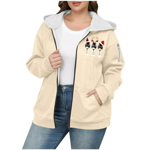 Fmbrln Fleece Jackets for Women Plus Size Cute Christmas Print Full Zip Up Long Sleeve Hooded Jackets Fall Winter Thickened Warm Sweatshirts Coat with Pockets
