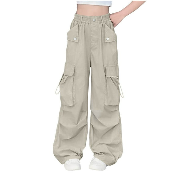 Fmbrln Girls Baggy Cargo Pants Button Elastic Waist Multipockets Wide Leg Pants Outdoor Hiking Pants, Sizes 5-14Y