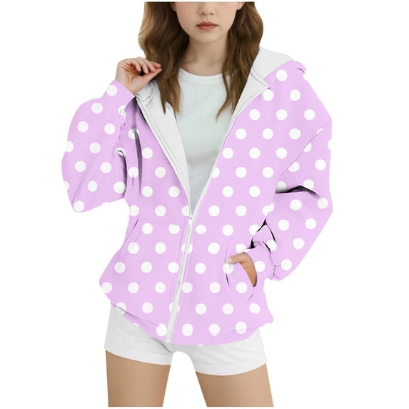 Fmbrln Girls and Boys Polka Print Fleece Hoodies Long Sleeve Full Zip Up Hooded Sweatshirts Fall Winter Fashion Warm Athletic Coat with Pockets, Sizes 4-14Y