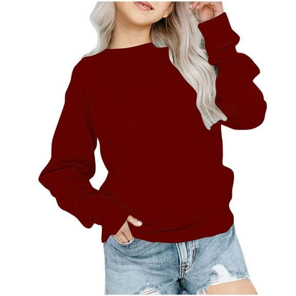 Fmbrln Girls Casual Solid Sweatshirts Long Sleeve Crew Neck Pullover Sweatshirts Fall Winter Fashion Clothes for Kids 1-11Y