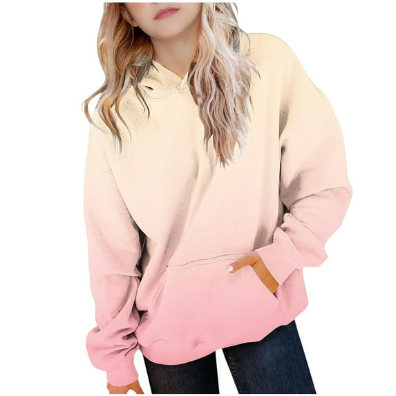 Fmbrln Girls Fleece Hoodies Long Sleeve Crew Neck Hooded Sweatshirts Casual Loose Gradient Print Pullover Tops with Pockets, Sizes 4-13Y
