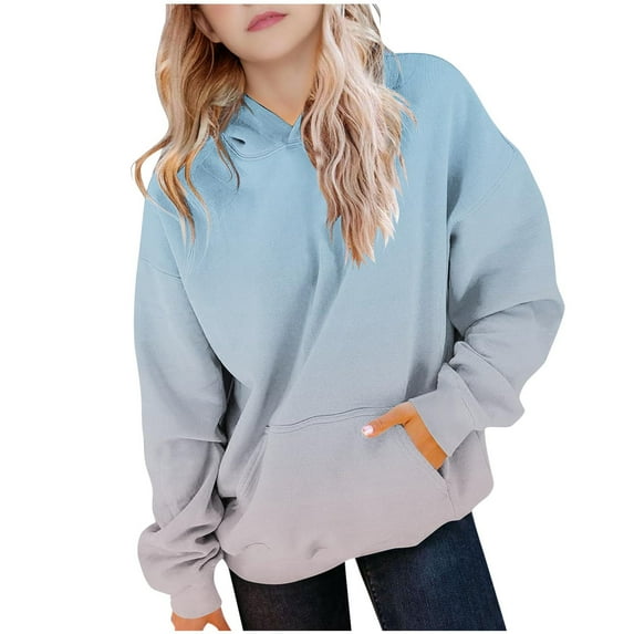 Fmbrln Girls Fleece Hoodies Long Sleeve Crew Neck Hooded Sweatshirts Casual Loose Gradient Print Pullover Tops with Pockets, Sizes 4-13Y