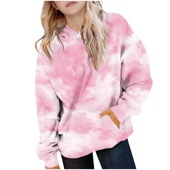 Fmbrln Girls Fleece Hoodies Long Sleeve Gradient Print Hooded Sweatshirts Casual Loose Comfy Pullover Tops with Pockets Fall Winter Fashion Clothes for Kids 2-13Y