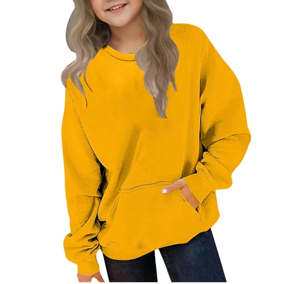 Fmbrln Girls Fleece Sweatshirts Long Sleeve Crew Neck Sweatshirts Casual Loose Solid Color Pullover Tops with Pockets, Sizes 2-11Y