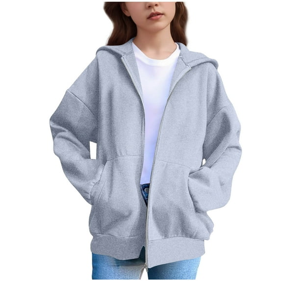 Fmbrln Girls Full Zip Up Hoodies Long Sleeve Solid Color Hooded Sweatshirts Loose Comfy Lightweight Sweatshirts Coat with Pockets, Sizes 5-14Y