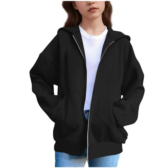 Fmbrln Girls Full Zip Up Hoodies Long Sleeve Solid Color Hooded Sweatshirts Loose Comfy Lightweight Sweatshirts Coat with Pockets, Sizes 5-14Y