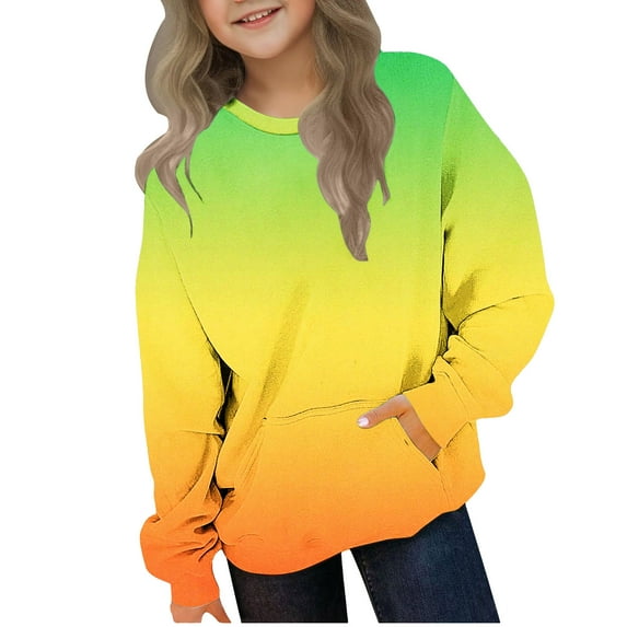 Fmbrln Girls Gradient Print Sweatshirts Long Sleeve Crew Neck Sweatshirts with Pockets Casual Loose Lightweight Pullover Tops for Kids 2-11Y