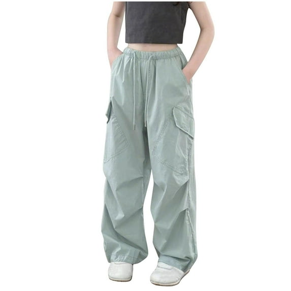 Fmbrln Girls Trendy Cargo Pants Drawstring Elastic Waist Multipockets Wide Leg Pants Lounge Outdoor Hiking Pants, Sizes 5-14Y