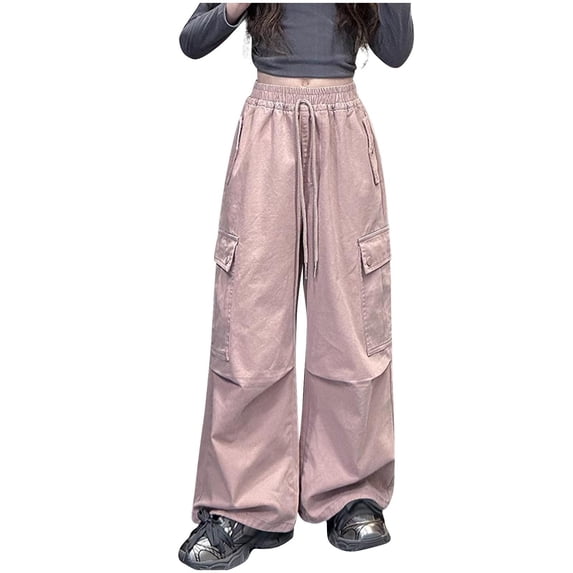 Fmbrln Girls Trendy Multipockets Cargo Pants Drawstring Elastic Waist Retractable Wide Leg Pants Lounge Outdoor Hiking Pants, Sizes 5-14Y