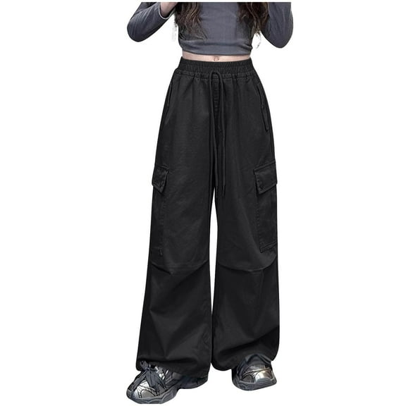 Fmbrln Girls Trendy Multipockets Cargo Pants Drawstring Elastic Waist Retractable Wide Leg Pants Lounge Outdoor Hiking Pants, Sizes 5-14Y
