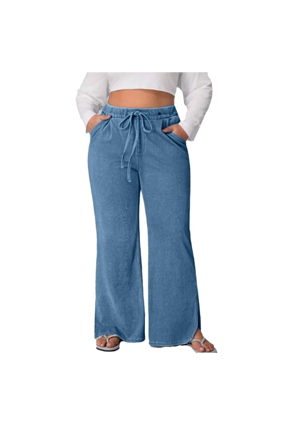Jeans for Women Plus Size Stretchy Baggy Drawstring Elastic Waist Side Slit Wide Leg Denim Pants with Pockets
