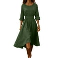 thumbnail image 1 of Fmbrln Linen Dress for Women Long Sleeve Crew Neck Pleated A-Line Midi Dress Casual Loose Solid Beach Vacation Dress, 1 of 8