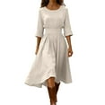 thumbnail image 1 of Fmbrln Linen Dress for Women Long Sleeve Crew Neck Pleated A-Line Midi Dress Casual Loose Solid Beach Vacation Dress, 1 of 8