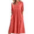 thumbnail image 1 of Fmbrln Linen Dresses for Women 3/4 Sleeve V Neck Long Dress Summer Casual Loose Solid SunDress with Pockets, 1 of 8