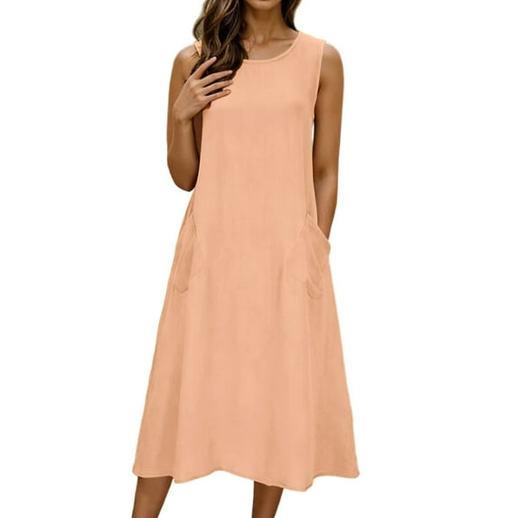 Fmbrln Linen Dresses for Women Sleeveless Crew Neck Midi Dress Summer Casual Loose Solid A-Line Dress Beach Vacation Sundress