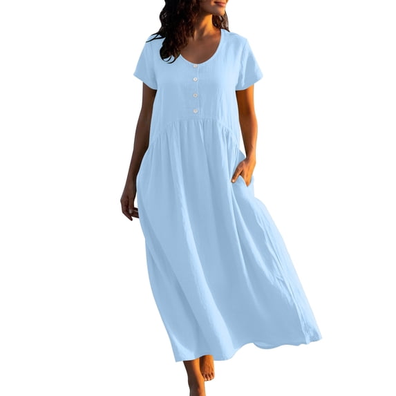Fmbrln Linen Dresses for Women Summer Short Sleeve Crew Neck Pleated Midi Dress Casual Loose A-Line Flowy Sun Dress