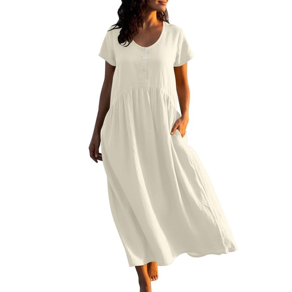 Fmbrln Linen Dresses for Women Summer Short Sleeve Crew Neck Pleated Midi Dress Casual Loose A-Line Flowy Sun Dress