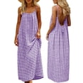 thumbnail image 1 of Fmbrln Linen Dresses for Women Summer Sleeveless Crew Neck Plaid Long Maxi Dress Casual Loose Beach Vacation Camisole Backless Sundress, 1 of 8