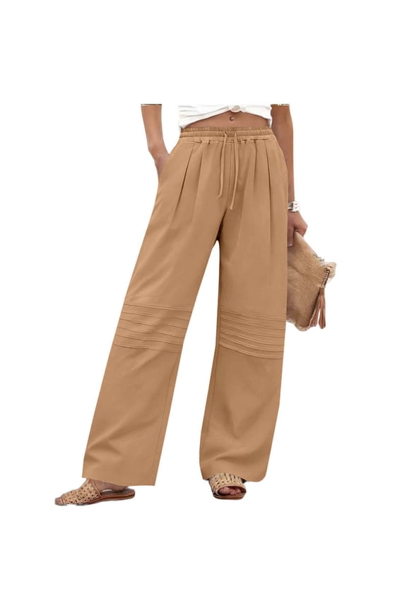 Linen Pants for Women with Pockets, Drawstring Elastic Waist Knee Pleated Straight Wide Leg Pants Summer Casual Loose Solid Beach Vacation Pants