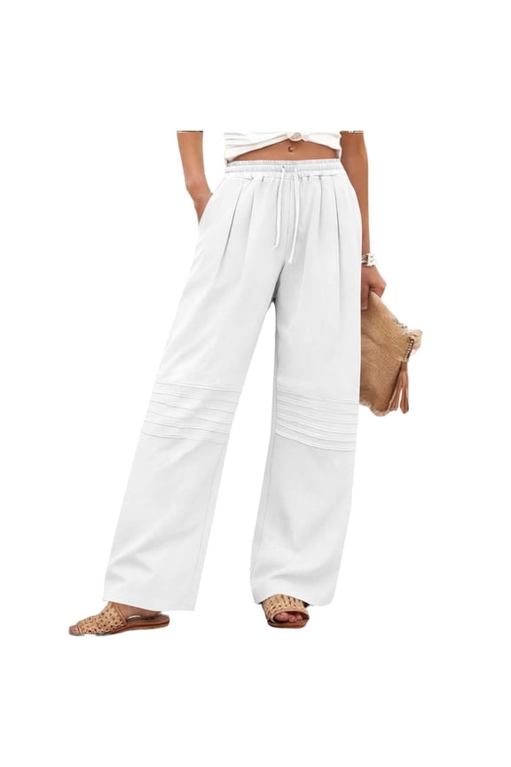 Linen Pants for Women with Pockets, Drawstring Elastic Waist Knee Pleated Straight Wide Leg Pants Summer Casual Loose Solid Beach Vacation Pants
