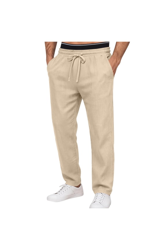 Linen Pants for Men Drawstring Elastic Waist Work Straight Leg Pants Summer Fashion Casual Loose Fit Solid Trousers with Pockets