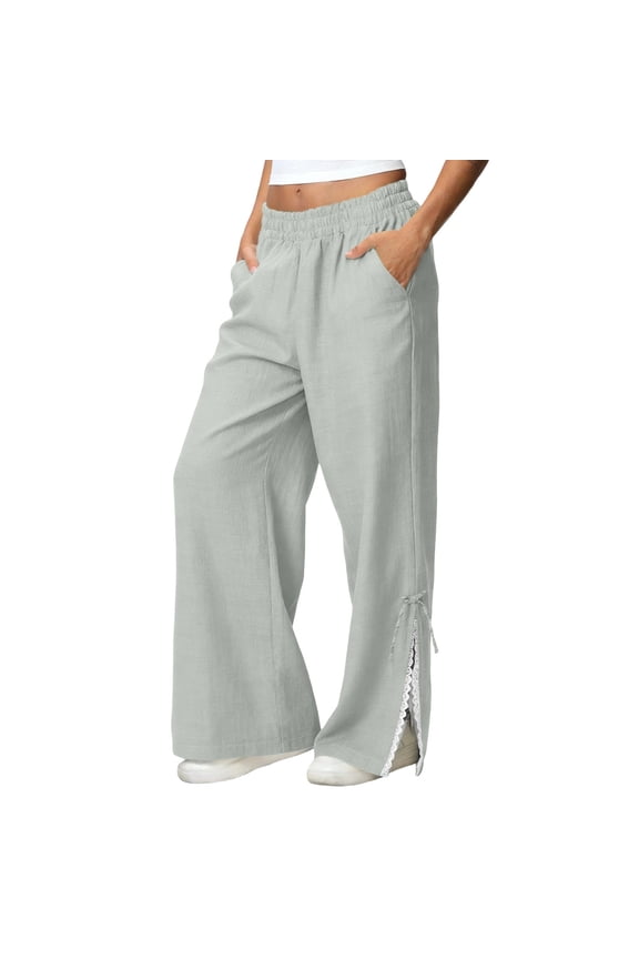 Linen Pants for Women Summer Elastic Waist Lace Patchwork Side Slit Wide Leg Pants with Pockets Casual Loose Solid Trousers