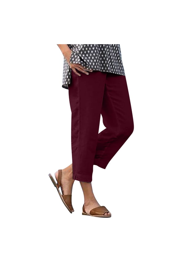 Linen Pants for Women with Pockets, Elastic Waist Versatile Straight Leg Pants Casual Loose Fit Side Slit Solid Ankle Cropped Pants