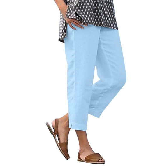 Fmbrln Linen Pants for Women with Pockets, Elastic Waist Versatile Straight Leg Pants Casual Loose Fit Side Slit Solid Ankle Cropped Pants