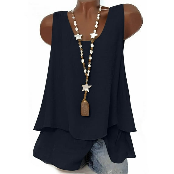 Fmbrln Linen Tank Tops for Women Summer Sleeveless Crew Neck Double Layered Tunic Tops Casual Loose Solid Blouses