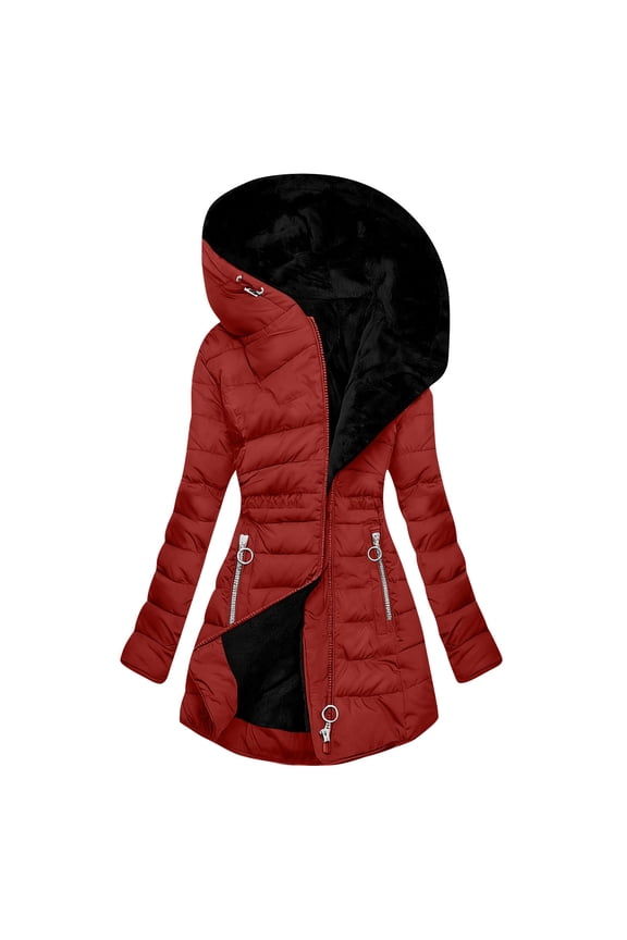Long Puffer Jackets for Women Full Zip Up Long Sleeve Hooded Quilted Jackets Winter Fleece Warm Down Coat with Zipper Pockets