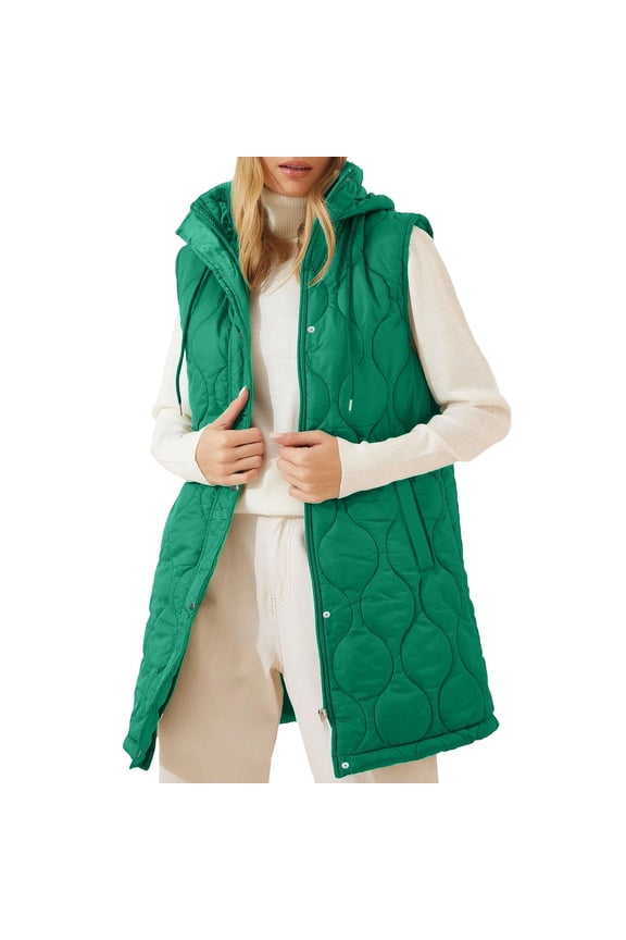 Long Puffer Vest for Women Full Zip Up Sleeveless Lightweight Quilted Jackets Fall Winter Warm Hooded Down Coat with Pockets