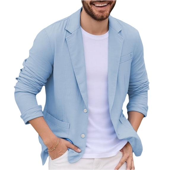 Fmbrln Men's Cotton Linen Blazer Button Up Long Sleeve Suit Jacket Fall Winter Casual Fashion Tops with Pocket Light Blue L