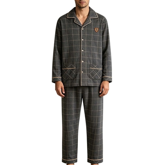 Fmbrln Men's Cotton Pajama Sets Plaid Print Button Down Long Sleeve Tops and Long Pants Set Fall Winter Fashion Comfy Sleepwear 2 Piece Sets Black 3XL