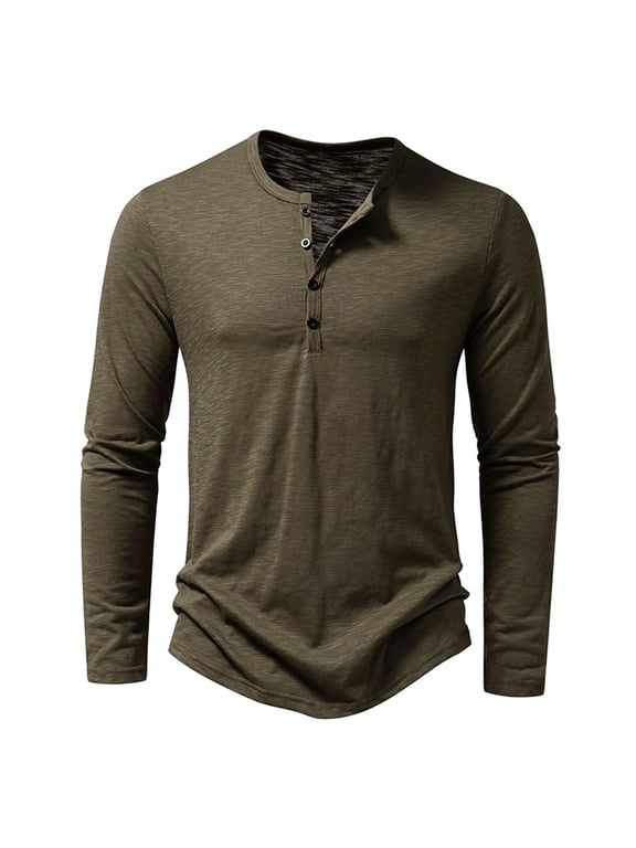 Men's Crew Neck T Shirts Fall Winter Long Sleeve Buttons Shirts Solid Color Casual Pullover Tops Army Green S