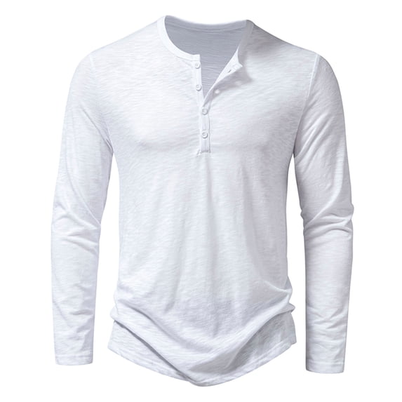 Fmbrln Men's Crew Neck T Shirts Fall Winter Long Sleeve Buttons Shirts Solid Color Casual Pullover Tops White XL