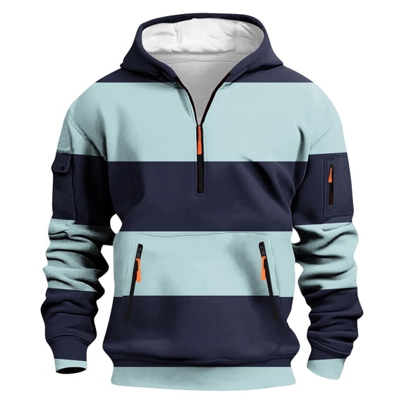 Fmbrln Men's Fashion Striped Hoodie Fall Winter Long Sleeve Half Zip Hooded Sweatshirt Pullover Tops with Pockets Light Blue XL